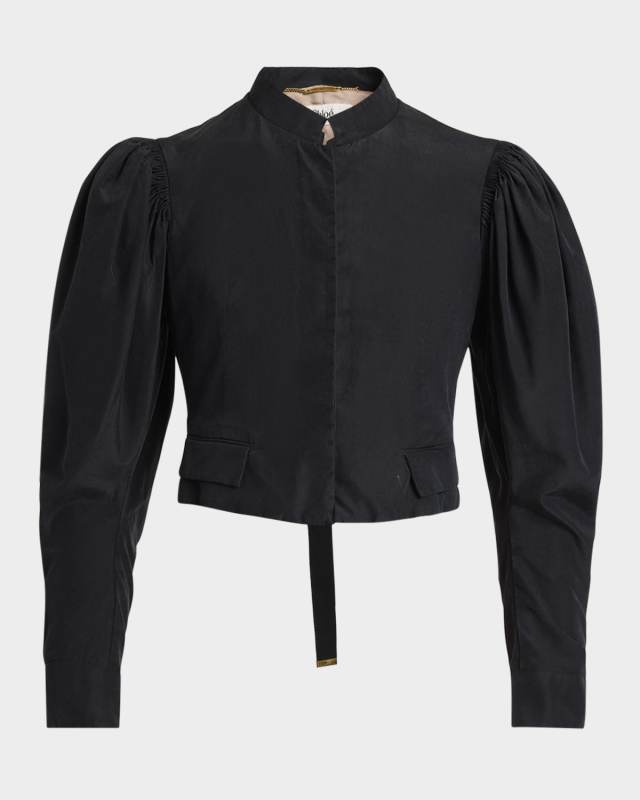 Puff-Sleeve Cropped Silk Jacket